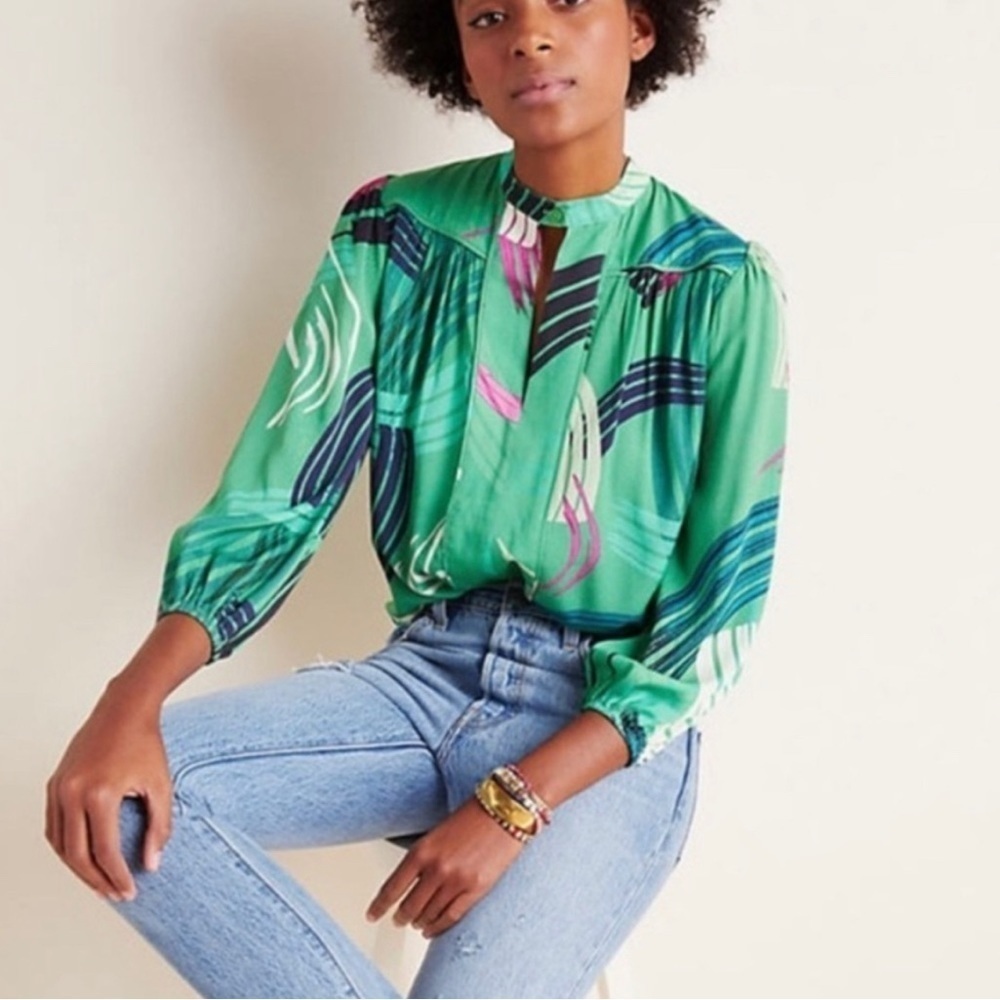 3/$30 ☀️ Anthropologie Adeline Paint-Swiped Green Blouse By The Odells